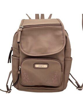 Rosetti Brown Faux Leather Mini Backpack Floral Embroidery Multiple Compartments
